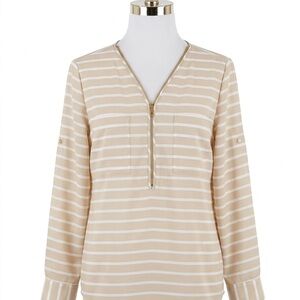 Calvin Klein Beige and Gold Striped V-Neck Blouse